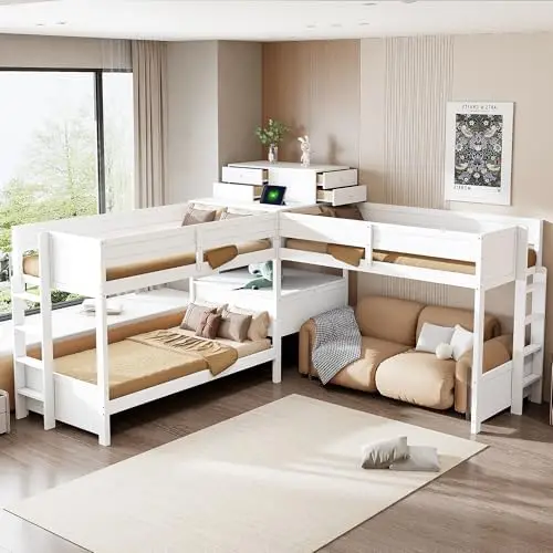 

Twin L Shaped Triple Bunk Bed with Storage Ders & Charging Station,Pine Solid Wood Triple Bunk Bed with Desk, Ladders &