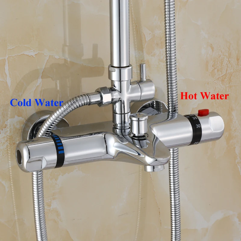 Thermostat Rain Shower Set Brass Bath Faucet Wall Mounted Bathtub Shower Mixer Tap Hot Water on Right Side