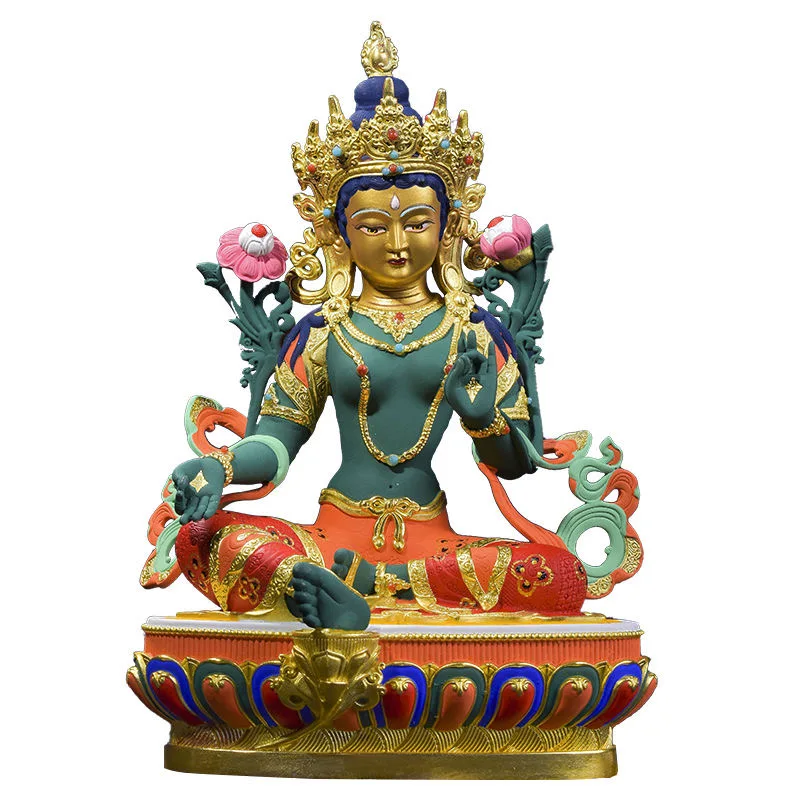 5A high grade colored draw Good Buddha statue bless family Safety luck Green Tara Guan yin Painted