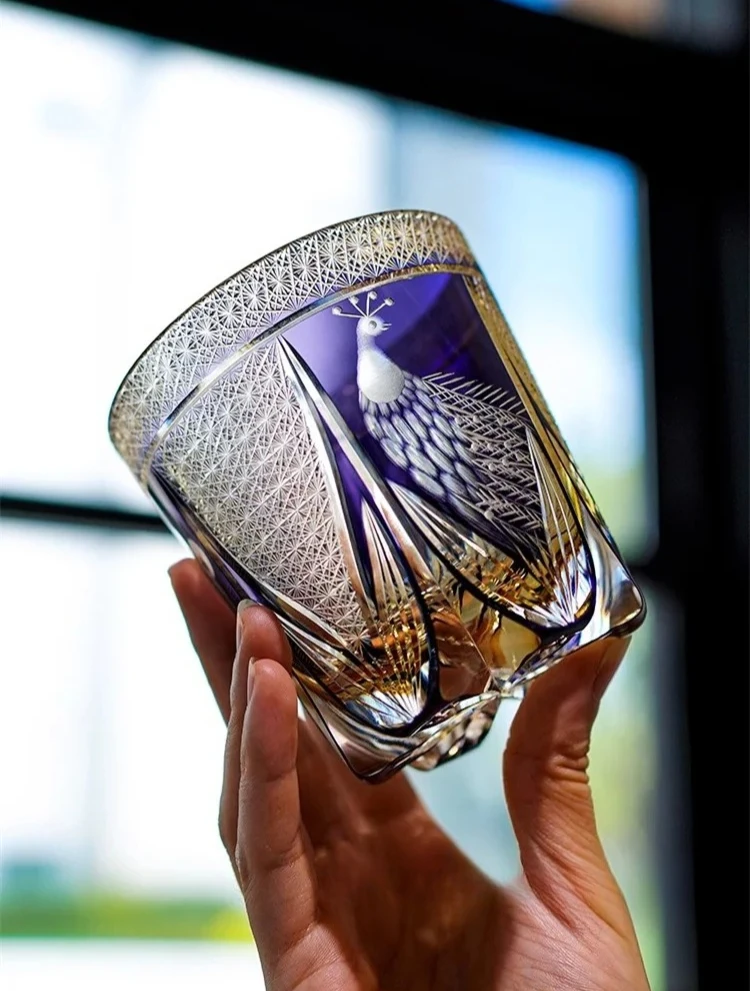 

Peacock Whiskey Crystal Glass Luxury Edo Kiriko Glassware Wine Relish Cup Purple Whisky Rock Tumbler Cognac Brandy Snifter Mug