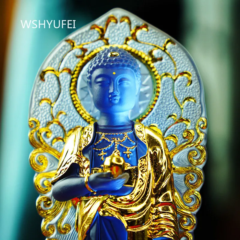 Glass Buddha Statue Ornament Religious Decorations Buddha Statue of Tathagata Gold Stroke Handicrafts Buddha Hall Decoration