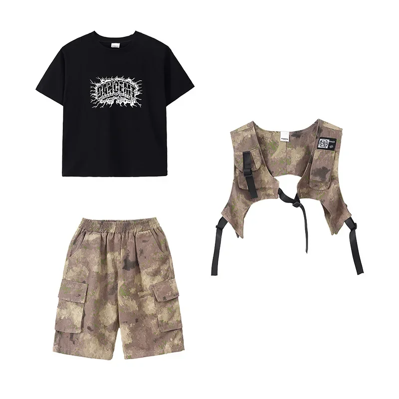 Girls Hip Hop Camouflage Vest T-shirt Military Cargo Pants Boys Street Dance Shorts Kids Jazz Clothes Sets Children Streetwear