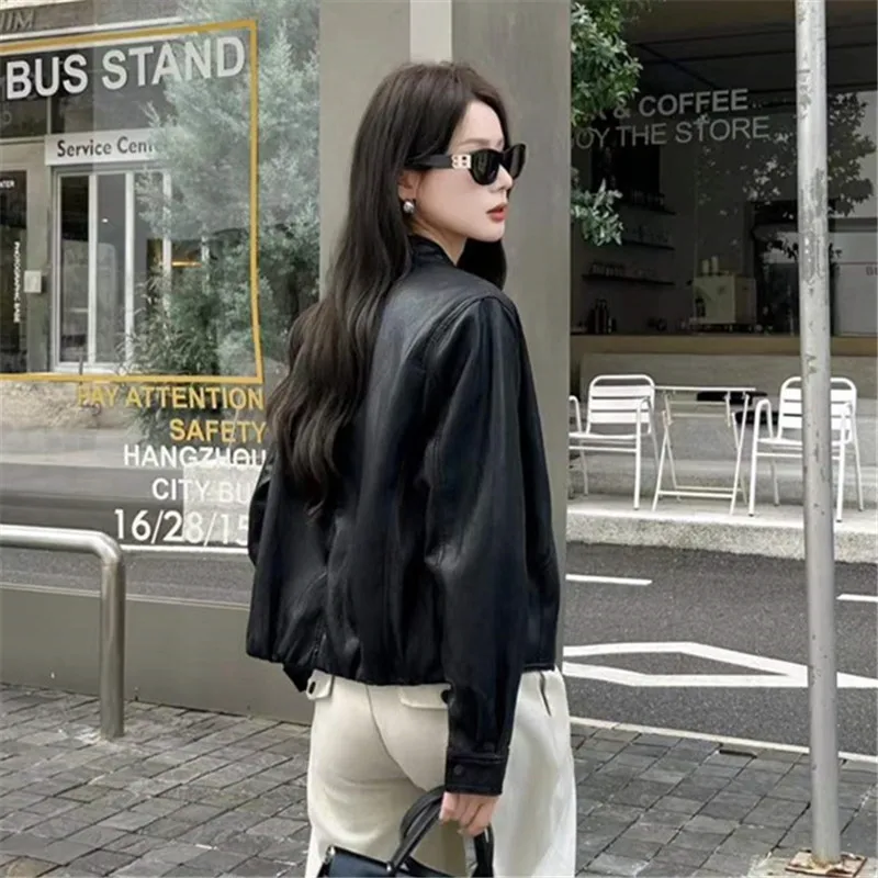 Streetwear Fashion Casual Short Faux Pu Leather Jacket Stand Collar Single-Breasted Long Sleeve Autumn Female Biker Jacket Coat