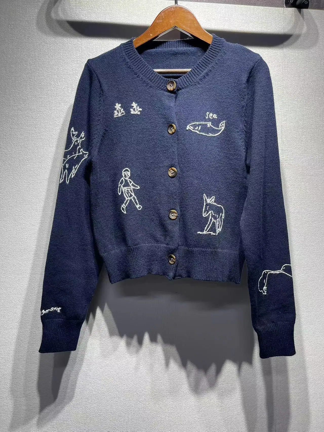 女性用ラウンドネックカーディガン,長袖セーター,シングルブレスト,100% ウール,刺embroidery,カジュアル,新しい,春,秋,2022