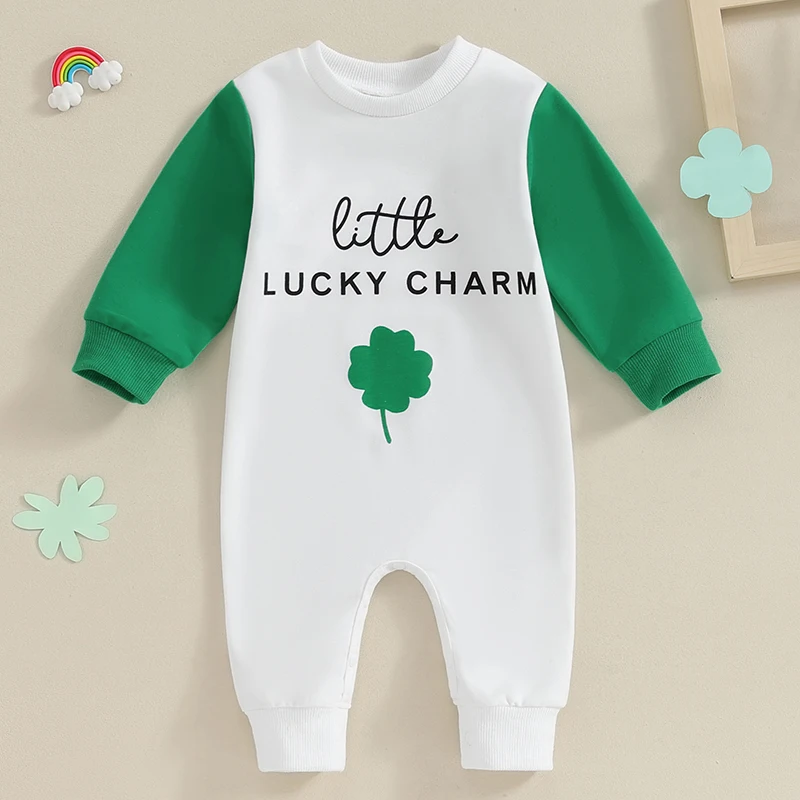 St Patrick s Day Baby Bodysuit Cute Clover Print Romper Toddler Jumpsuit Infant Outfit Long Sleeve Round Neck Costume