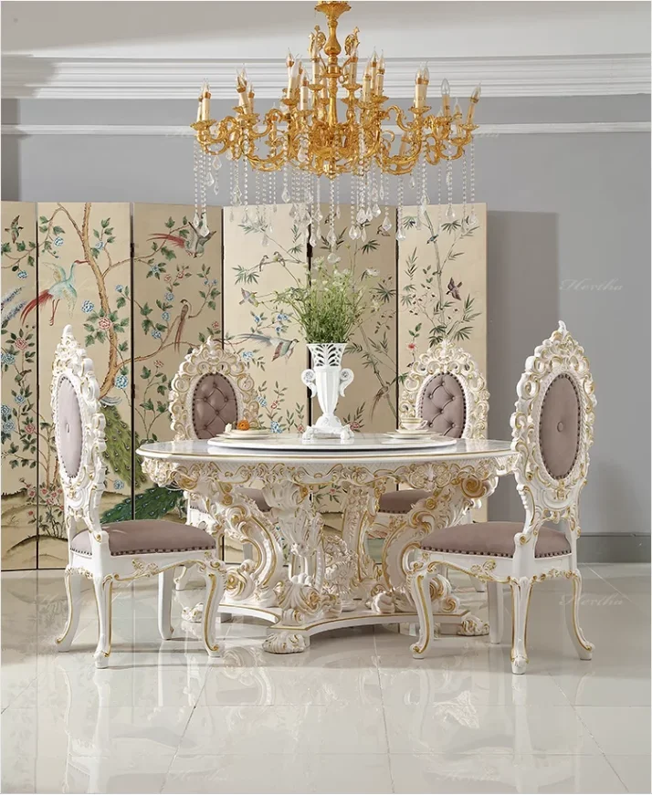 French round table and chair combination painted dining room luxury furniture European cream wind can be turned