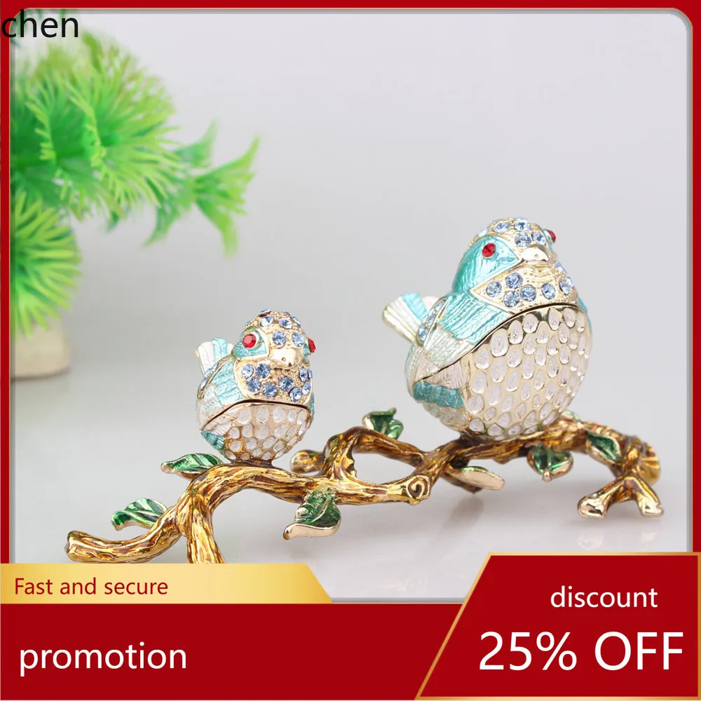 

H1 Alloy Enamel Craft Diamond-Encrusted Ornament Mother and Child Lovebirds Jewelry Box Home Desktop Decoration Gift