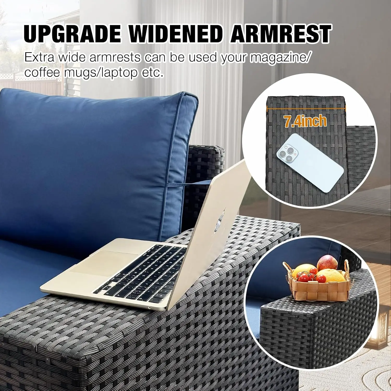 All-Weather Outdoor Wicker Sectional Sofa Set with Cushions & Glass Table for Patio Porch Poolside, 6-Piece, Navy, Customized