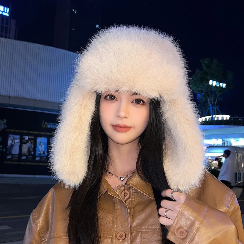 Thicken Faux Fur Ushanka Winter Warm Ear Protection Bomber Hat Outdoor Russian Windproof Anti-cold Furry Earflap Hat For Skiing