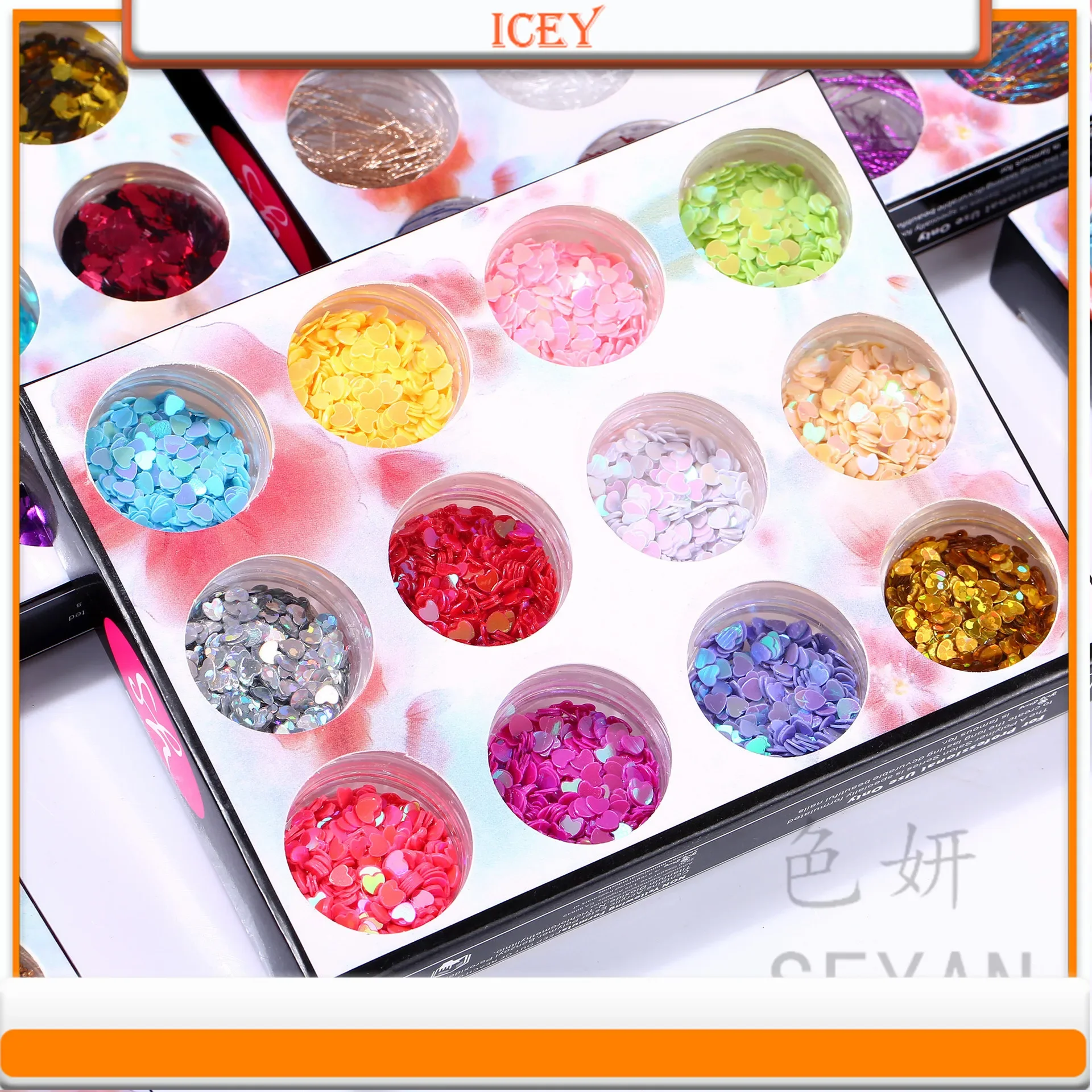 Icey Beauty Nail Glitter Glitter 12 Color Shell Paper Pearl Powder Diamond Shaped Peach Heart Glitter Nail DIY Slime Material