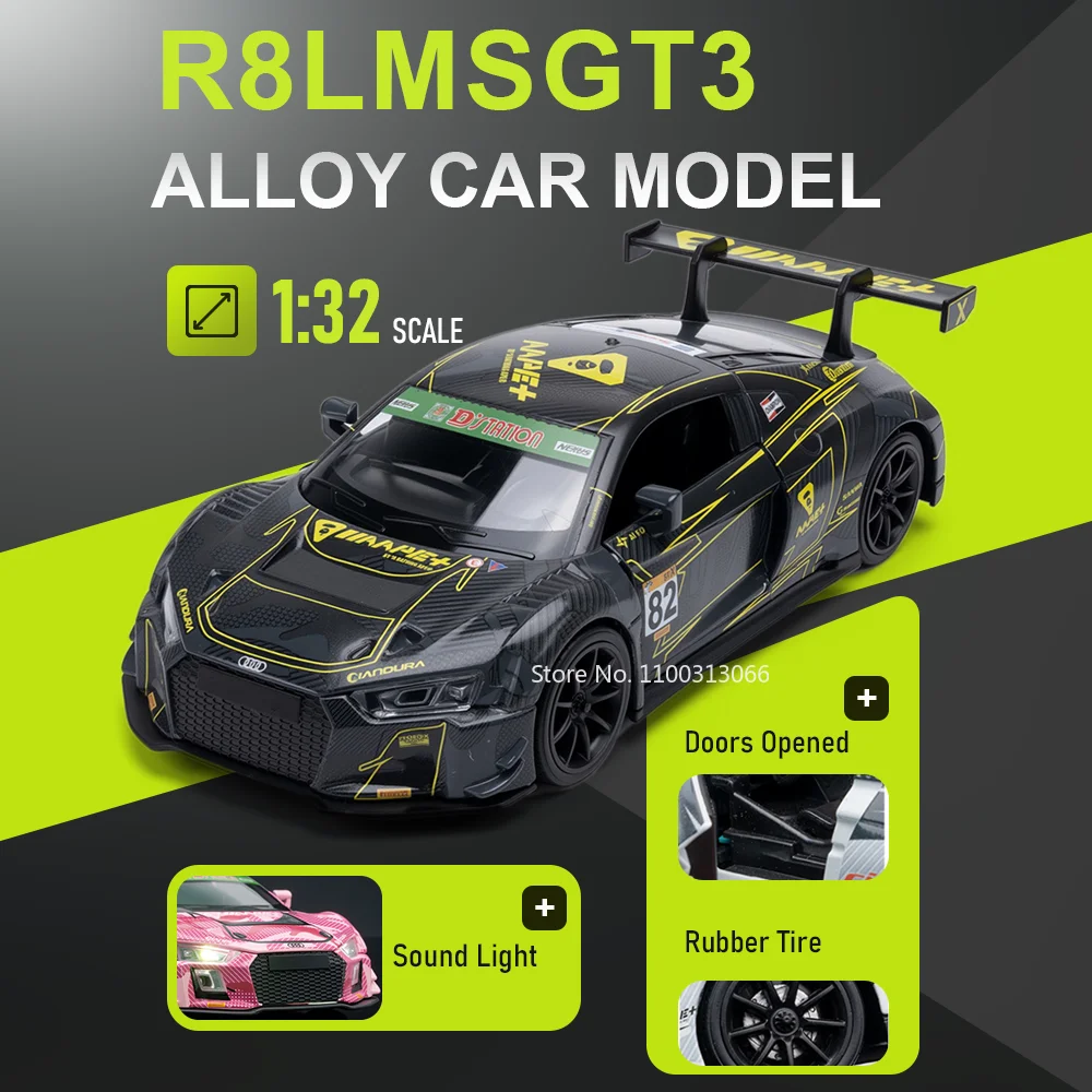 

1:32 AUDI R8 LMS GT3 Mitsubishi EVO Diecast Alloy Car Toys Miniature Model Sound Light Doors Opened Pull Back Vehices Kids Gifts