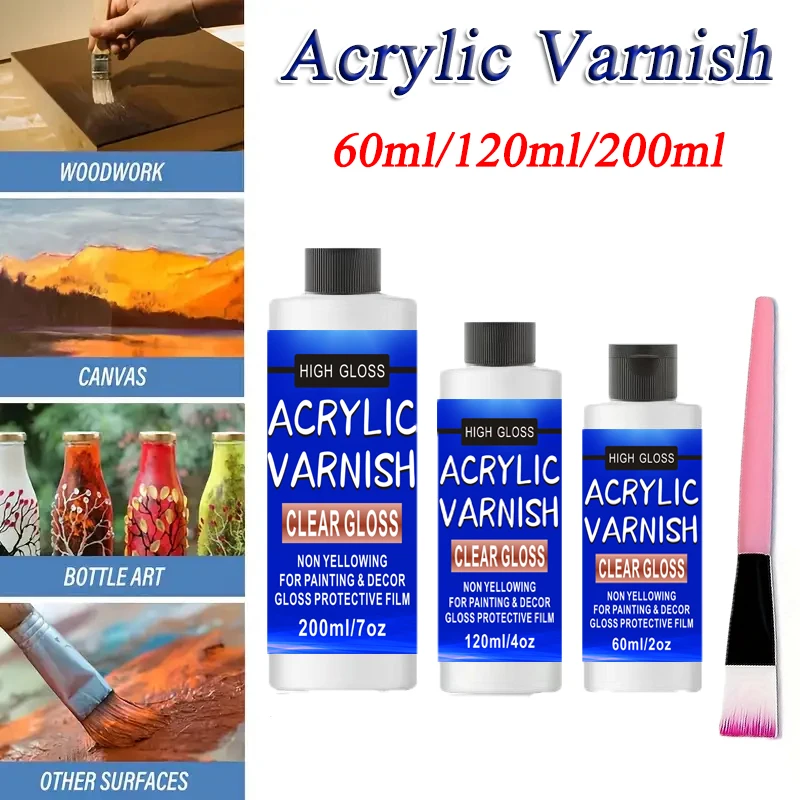 

60/120/200ml Acrylic Varnish Non-Yellowing Clear Gloss Protective Film Non-Toxic Sealant With Brush For DIY Crafts Paintings
