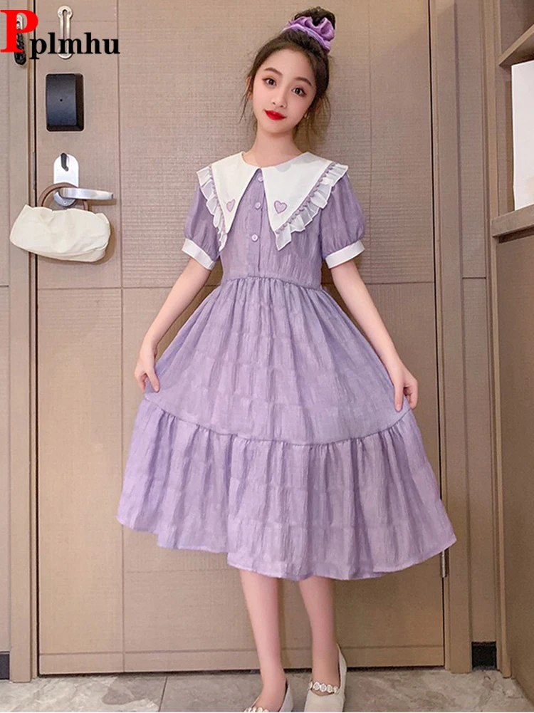 Puppen kragen süße Mädchen Kleid Sommer Kurzarm A-Linie Kleider lose Mode Midi Elbise koreanische Kinder prinzessin Vestidos