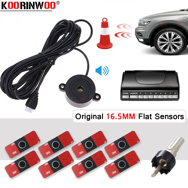 

Koorinwoo Car Sensors Flat Parktronics 4 Front + 4 Back Radars Car Parking Sensors Buzzer System Sounds Alarm Parking Assistance