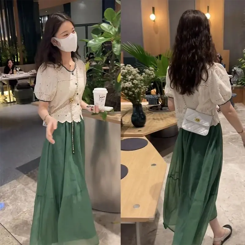 Summer Woman Clothes Office Lady Simplicity Elegant Mori Girl Style Kawaii Fashion Sweet Cute Lively Lace Refreshing Organza Ins