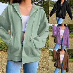 Fashion  Women Coat Windproof Autumn Solid Color Women Sweatshirt Jacket Zipper Closure Comfy Loose Outwear Daily Clothing