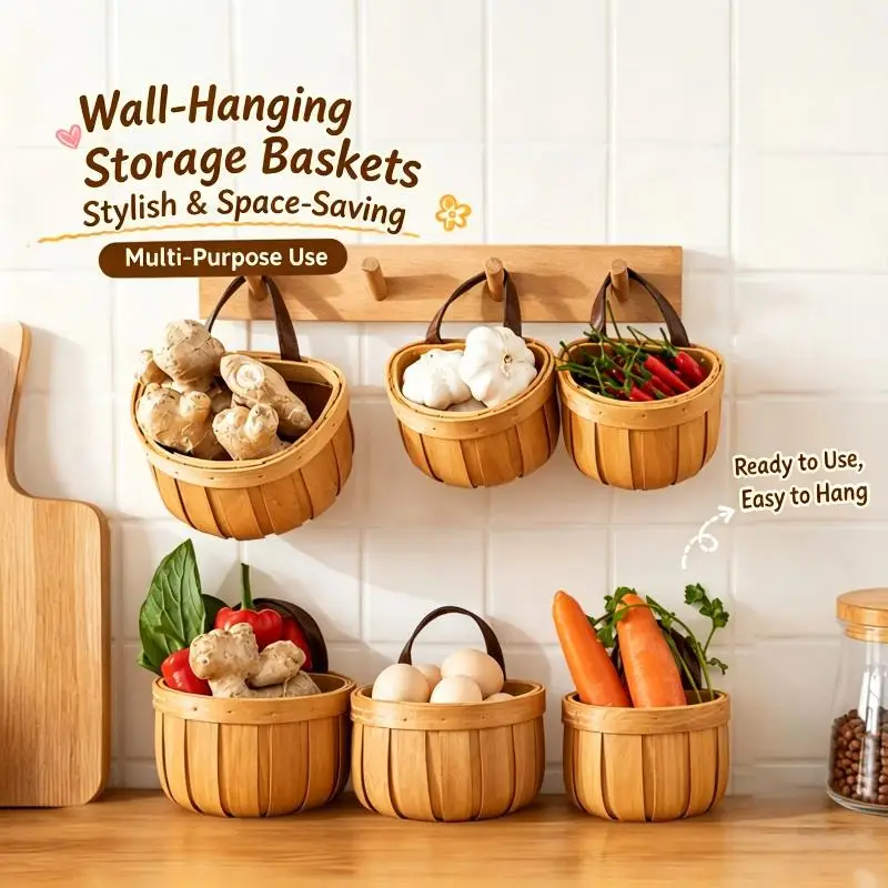 Handwoven Natural Wood Storage Basket Sturdy Handle Large Capacity for Kitchen Pantry, Camping Food Storage