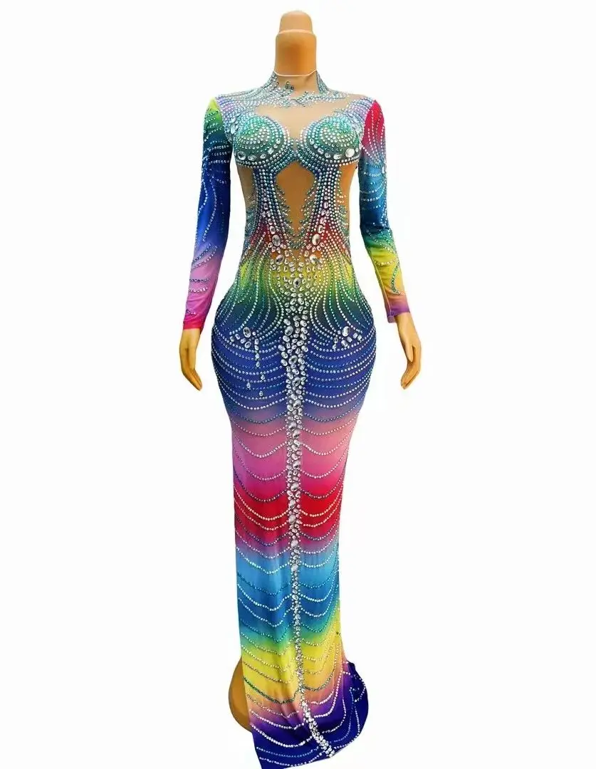 

Sexy luxurious Birthday Celebrate Colorful Rhinestones Dress Crystals Mesh Transparent Stretch Collection lanshui