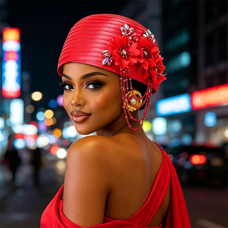 Elegant Women Satin Church Hat Rhinestone Floral Pearl Tassel Turban Headwrap for Formal Wedding Party African Geles Headpiece