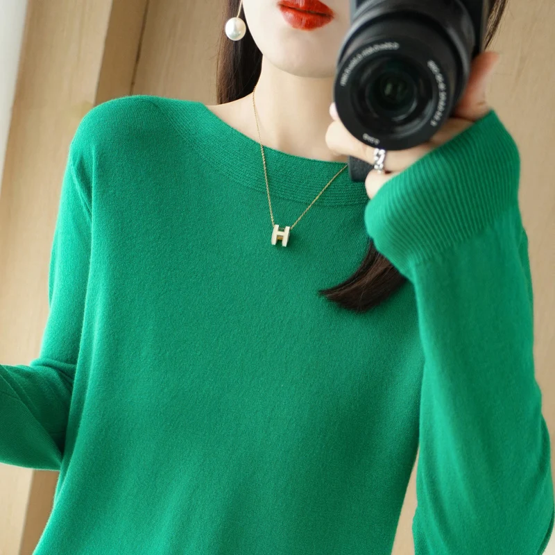 

Autumn Winter New Wool Blend Sweater Woman Horseshoe Design O-Neck Pullover Casual Knitted Tops Cashmere Female Sweater