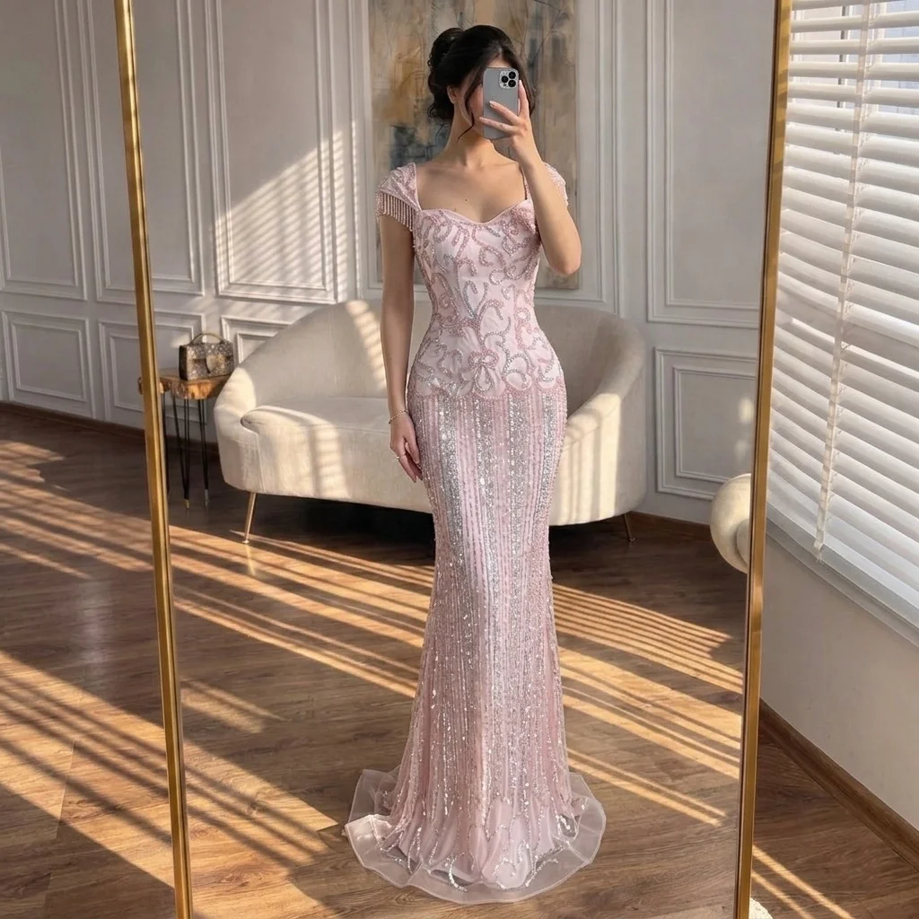 Serene Hill Pink Mermaid Beaded Evening Gowns 2026 Arabic Elegant Wedding Party Dresses DLA73550 Customized