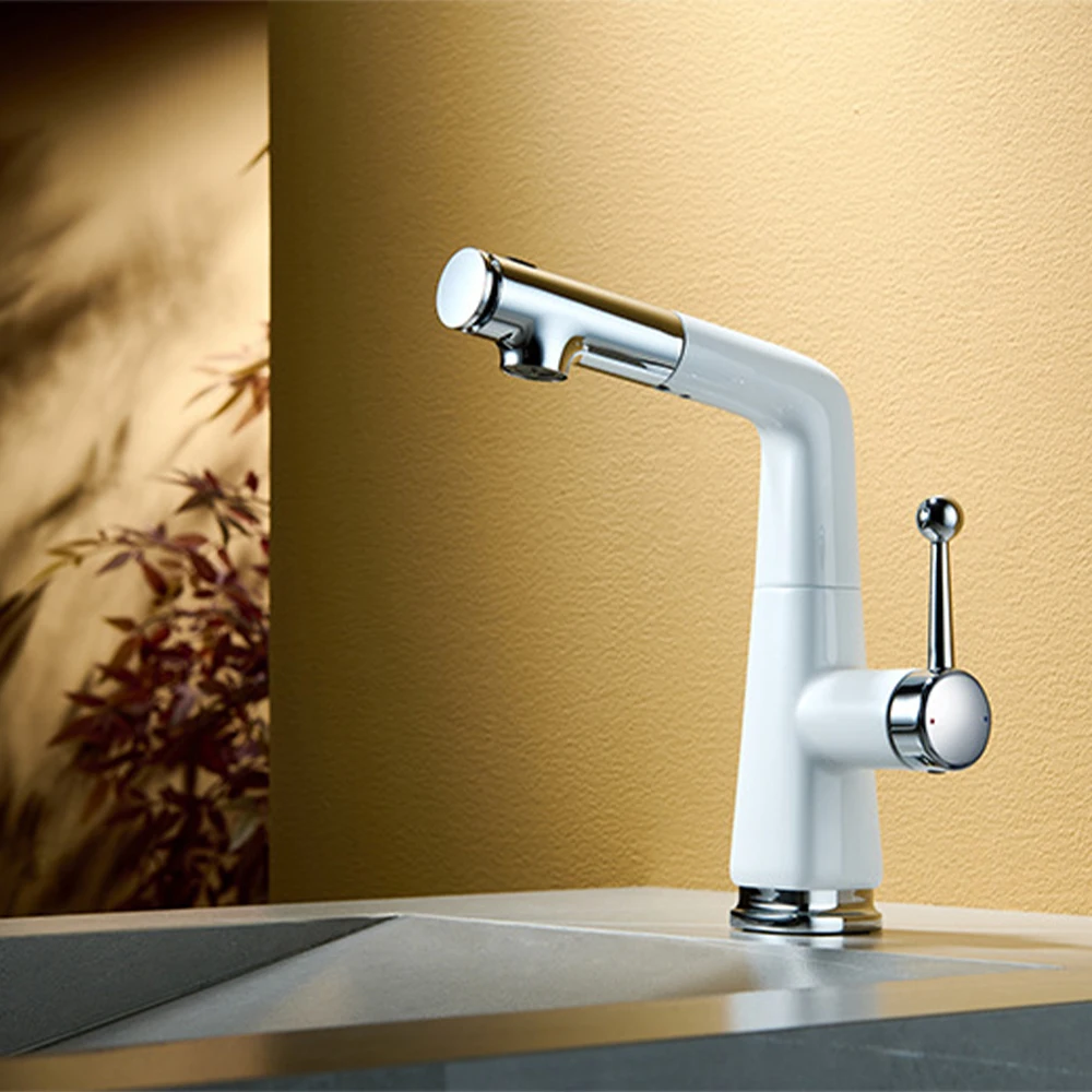 

Bathroom Pull Out Sink Faucets Deck Mounted 3 Modes Lavatory Basin Sink Faucet One Handle Cold and Hot Mixer Taps White