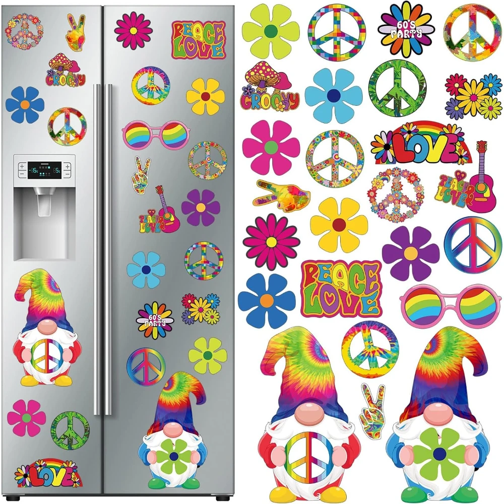 25Pcs Colorful 60s Hippie Peace Flower Love Magnetic Decals Car Fridge Mailbox Decorations