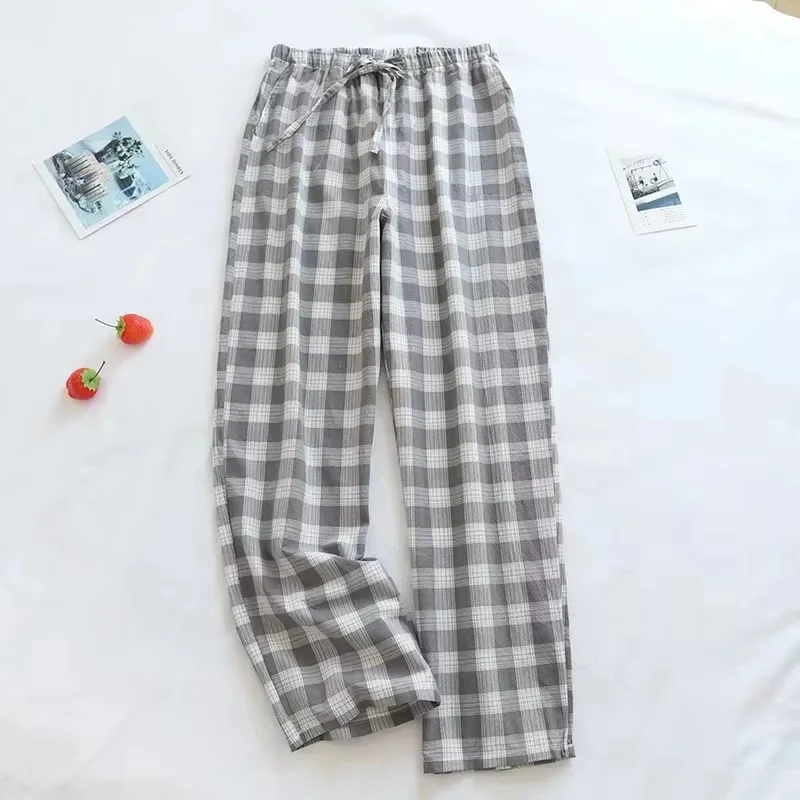 2026-27 Cotton Large Checkered Men Home Pants Loose Simple Wash Pajama Pants Solid Color Plaid Trousers Four Seasons Pajama Pant