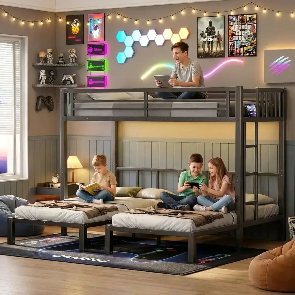 Sturdy Metal Triple Bunk Bed with LED Lights, Storage, and Charging Station for Kids, Convertible into 3 Separate Beds, Black