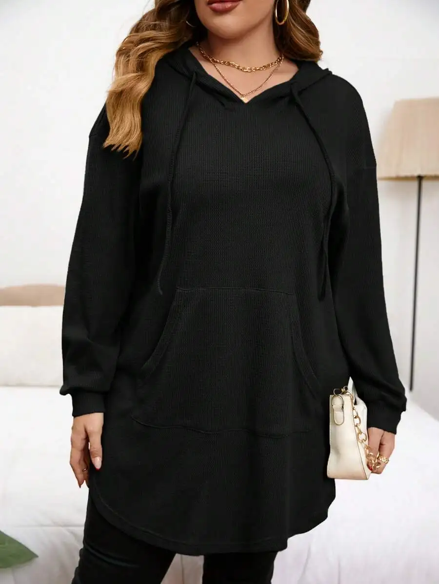 

Черная толстовка с капюшоном и передним карманом из вафельного трикотажа больших размеров, повседневный женский топ с длинными рукавами для осени и зимы