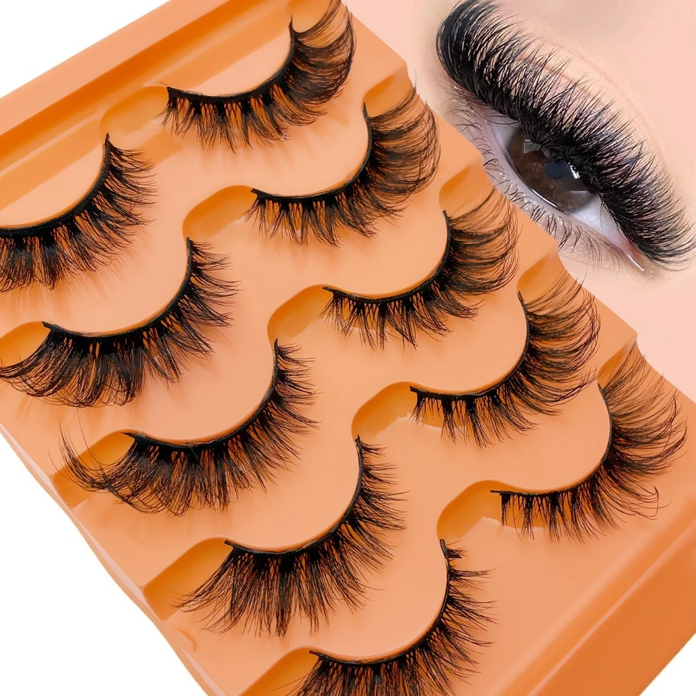 5Pairs Cat Eye False Eyelashes Natural Wispy Fox Eye Lashes Fluffy Volume Elongated Outer Corner Fake Eyelashes for Daily Makeup