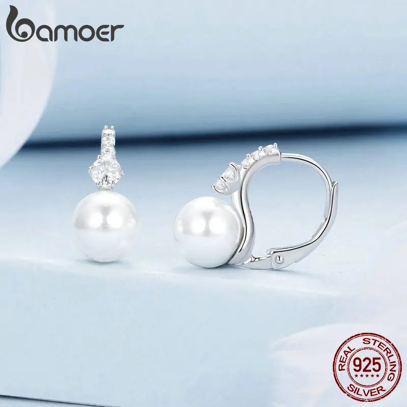 Bamoer 925 Sterling Silver Elegant Quality Shell Pearl Ear Buckles Pave Setting CZ for Women Party Fine Jewelry BSE928