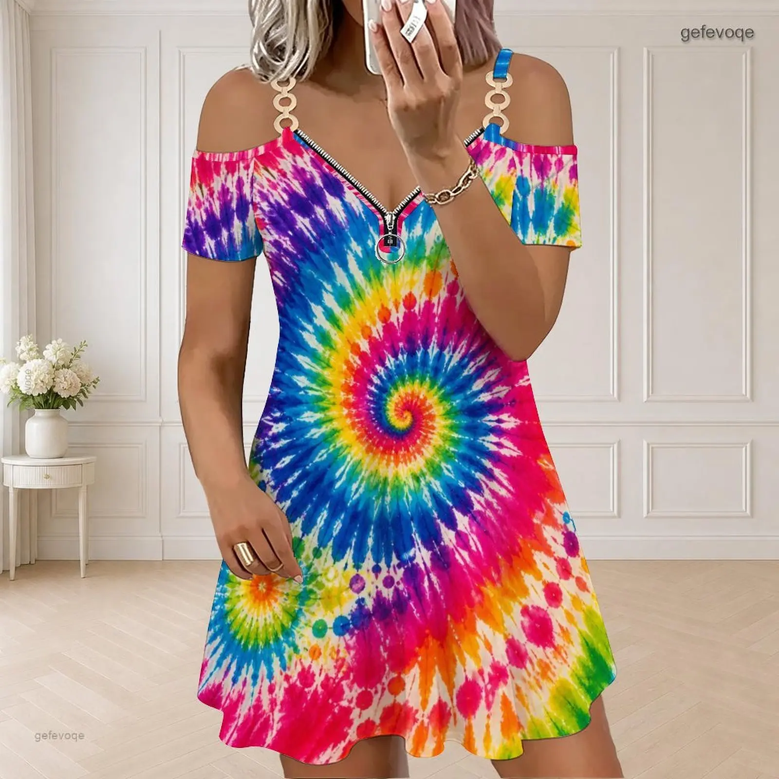 Women Rainbow Spiral Tie Dye Print Cold Shoulder Short Sleeve V Neck Ring Zipper Chain Strap Flared Short Dress