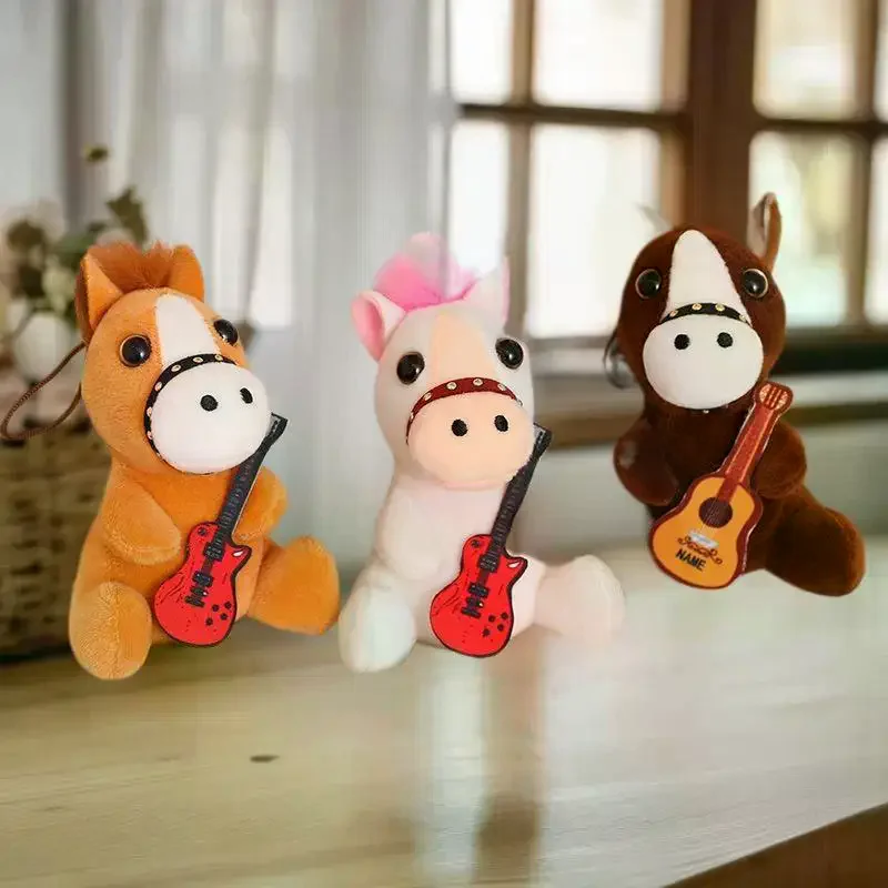 Cute Fluffy 12cm Pull Rope Wag Tail Horse Plush Toy Keychain Cartoon Soft Stuffed Doll Pendant Car Key Backpack Bag Accessories