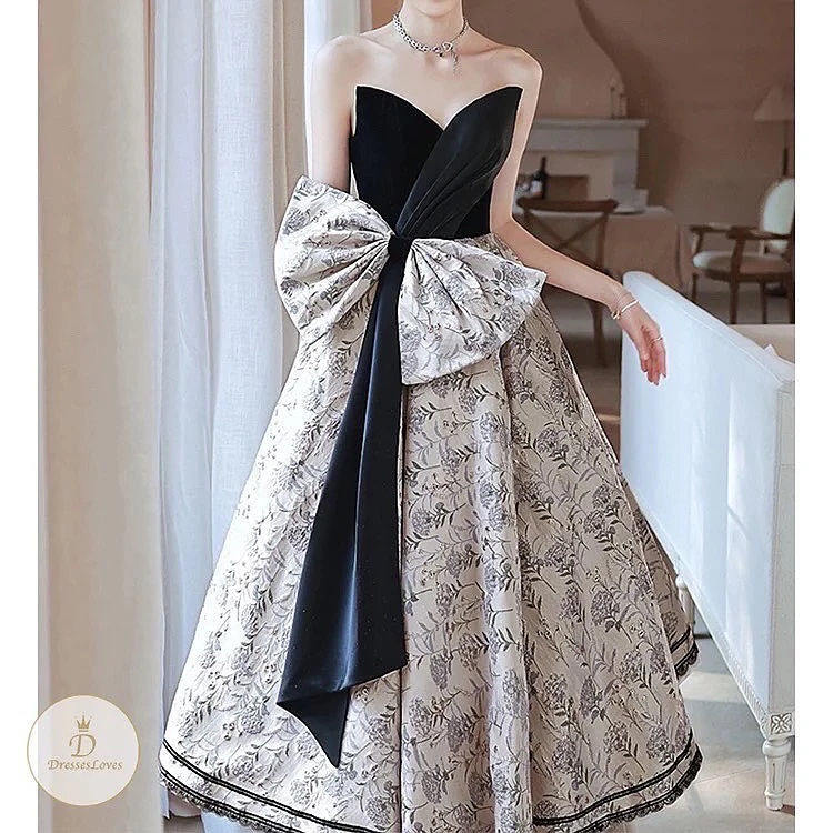 

LISM Exquisite Black Velour A Line Evening Dress Embroidery Flower Bowknot Christmas Party Dress Ankle Length Prom Gown