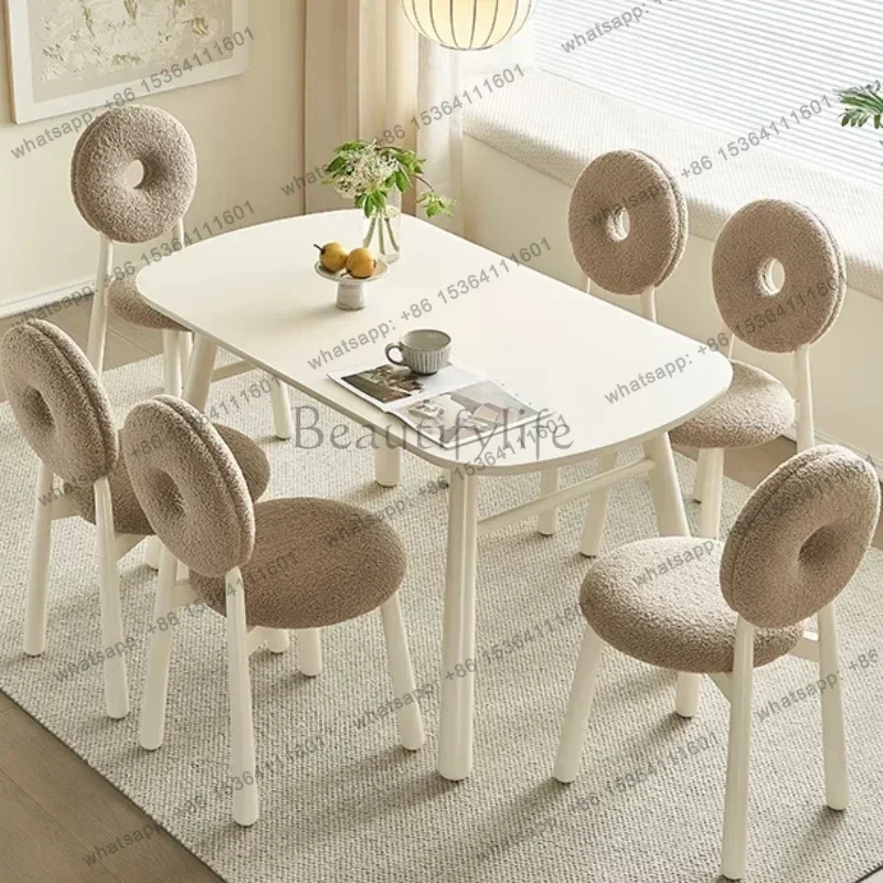 Desk Glass Desktop Solid Wood Feet Cream Dinner Dining Table Solid Wood Foot Oval Velvet Chair Kitchen Furniture Dining Tables
