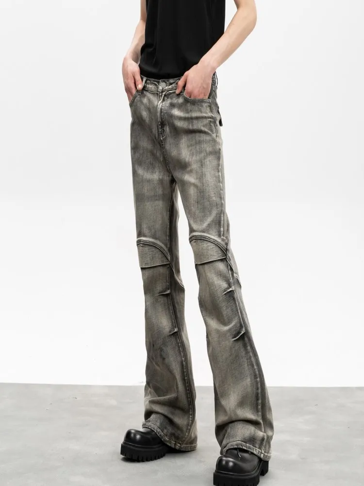 

Heavy Industry Wasteland Leisure Washed-out Distressed Bell-Bottom Pants Jeans Trousers for Men and Women