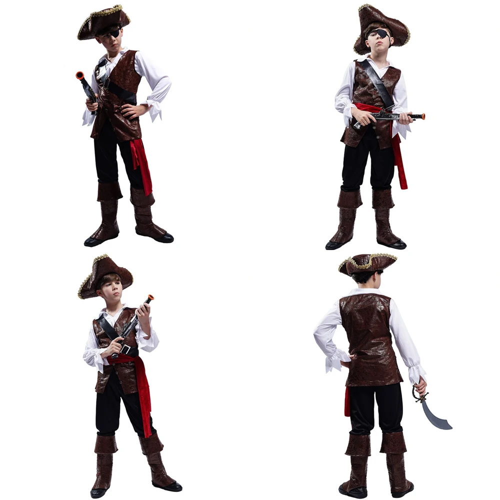 Kids Pirate Costume Cosplay Halloween Trick or Treat Set Unisex Swashbuckling Adventure Outfit Complete Role Play Prop  Dress Up