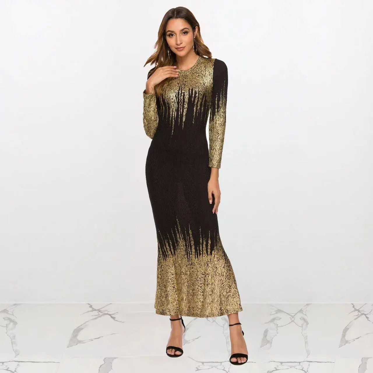 Elegant Party Long Sleeve Gold Foil Print Wedding Guest Dress Maxi Length Black Base Mermaid Skirt Fitted Waist Evening Dress view 5