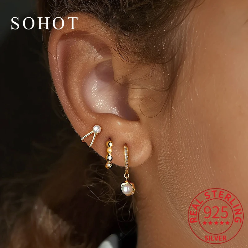 

1 Pcs Real 925 Sterling Silver Minimalist Pearl Hoop Stud Earrings for Elegant Women Classic Fine Jewelry Exquisite Accessories
