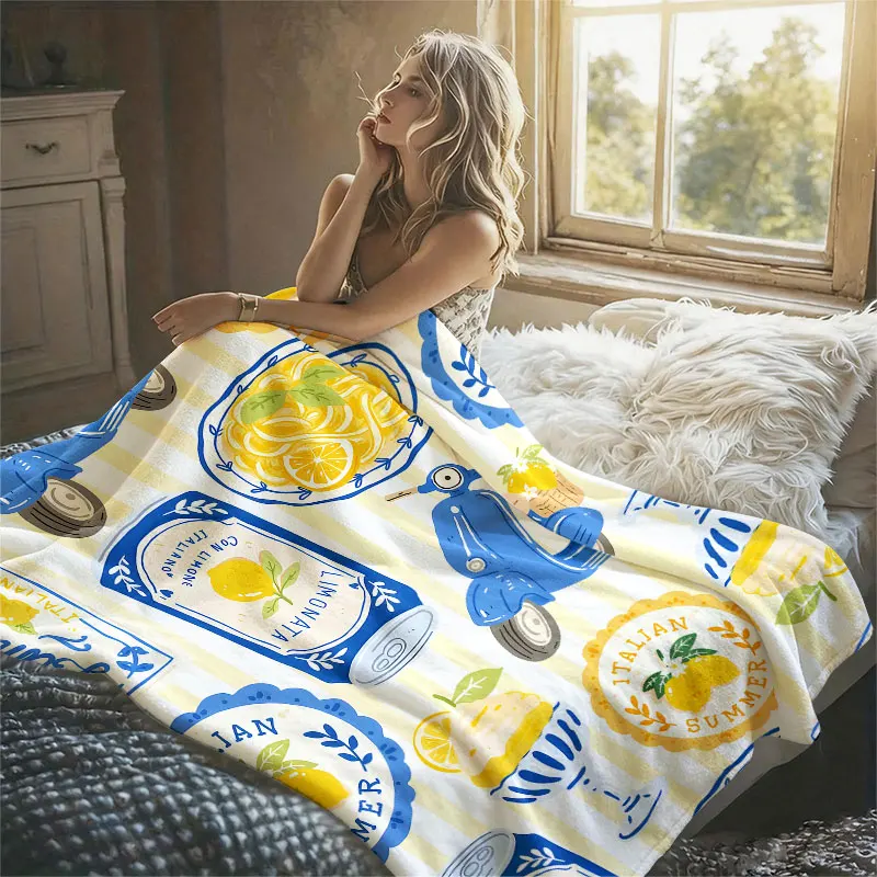 Italian Summer Vespa Lemons Flannel Blanket Perfect for Sofa Office Bed Travel Sleep Read Relax Camping Four Season Use
