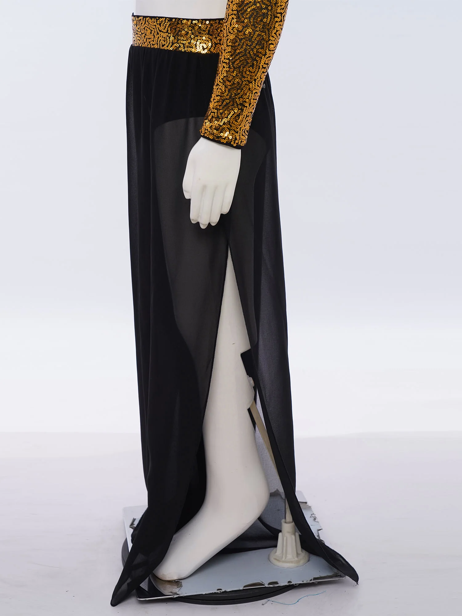 ガールズ ジャズ ラテン ダンス パンツ 光沢のあるスパンコール ウエストバンド 流れるようなシフォン オーバーレイ ワイドレッグ サイド スリット パンツ ステージ パフォーマンス用