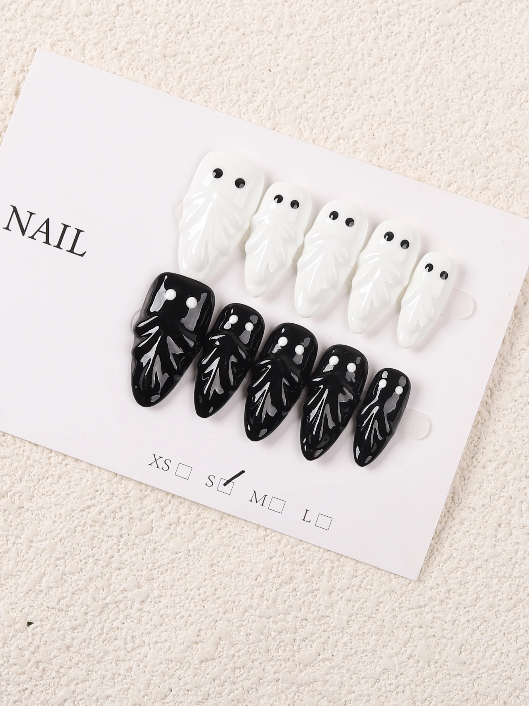 10 Pieces of Almond-Shaped Handmade Nails, Black and White Ghost Full Nail Design, Cool and Exquisite Fake Nails; Reusable, Suitable for Daily Use, Parties, and Balls; Great Gift for Girls, Perfect for Halloween, Christmas, and Autumn/Winter Themed Nail Art