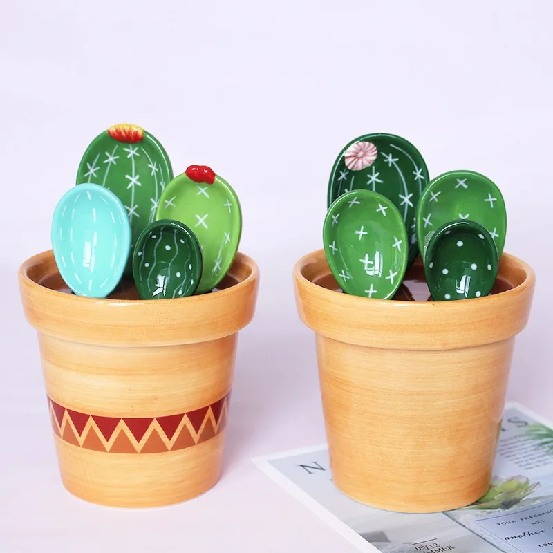 4Pcs Ceramic Measuring Spoons Set with Base Reusable Flower Pot Stirring Soup Spoon Cute Cactus Shape Kitchen Measuring Tools