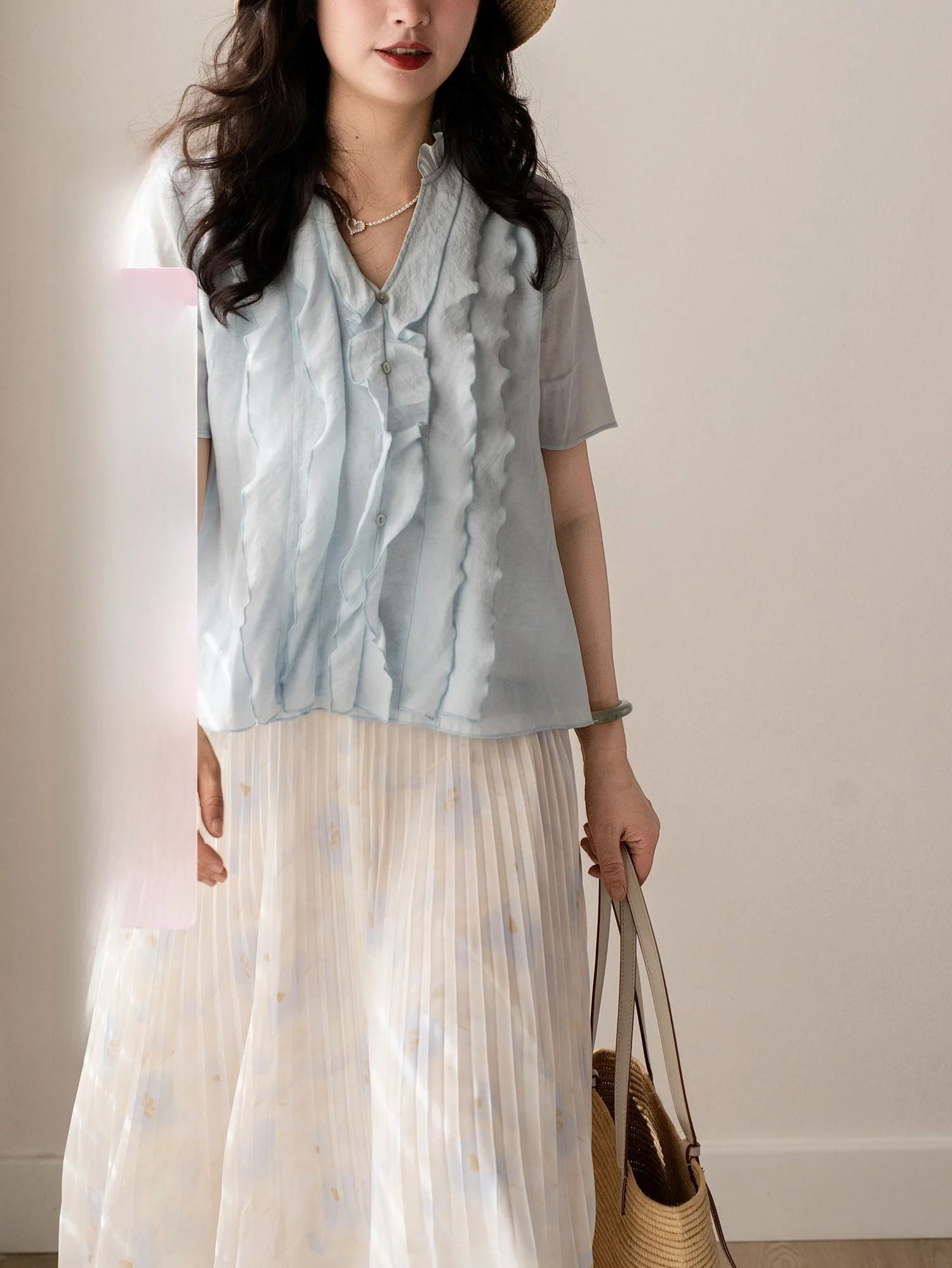 

Apipedr Summer Modal ort Sve V-Ne Women's irt Blue Lotus Flower Design Breathable Comfortable Casual Busin irt