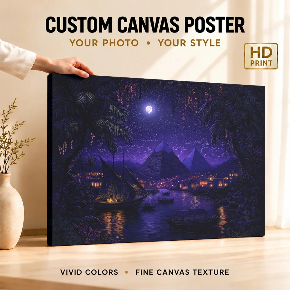 Egyptian Pyramids At Night Gallery Wrapped Canvas Print Customized Photo Purple Moonlit Illustration Wall Art For Living Room