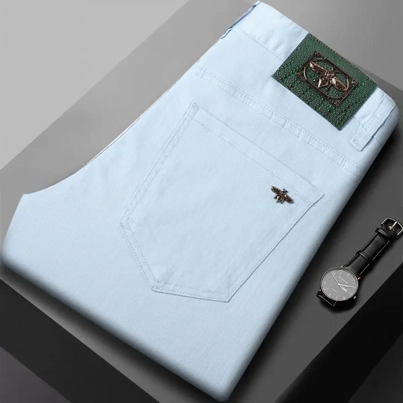 Men's Fashion Jeans Spring Style European Design High End Blue Pants Mid Waist Elastic Slims Smooths Your Men Clothing