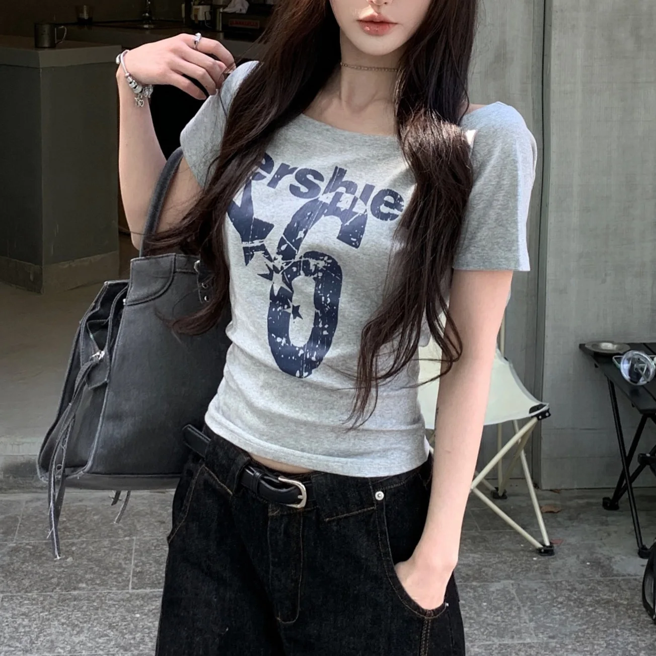 1pcs Summer Women Basic Model Letter Print T-Shirt Lady Short-Sleeved Skew Collar t-Shirt Female Street Style Sexy Slim Fit Tee image 4