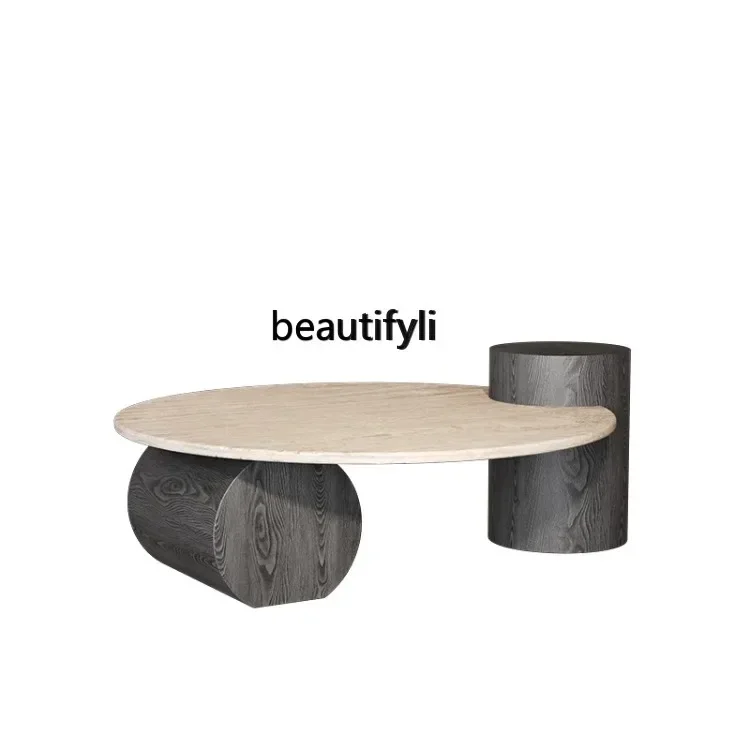 Wabi Sand Wind Round Light Luxury Designer Natural Travertine Coffee Table Living Room Household Simple Small ApartmentAA