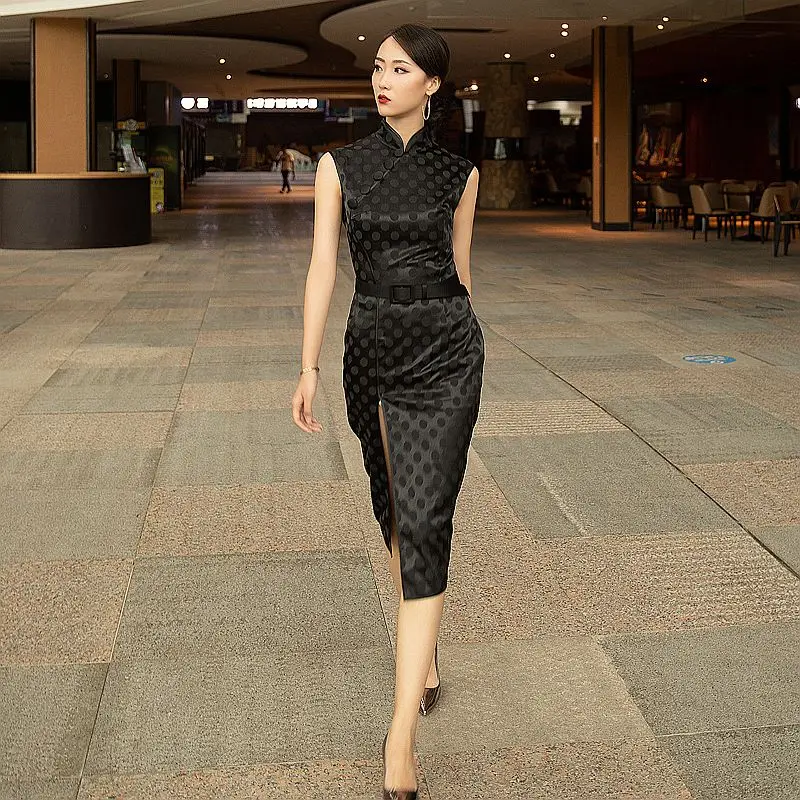 

Chinese Style Black Hip Wrapped Sexy Cheongsam High Waist New High Split Old Shanghai Vintage Stand Collar Retro Black Dresses